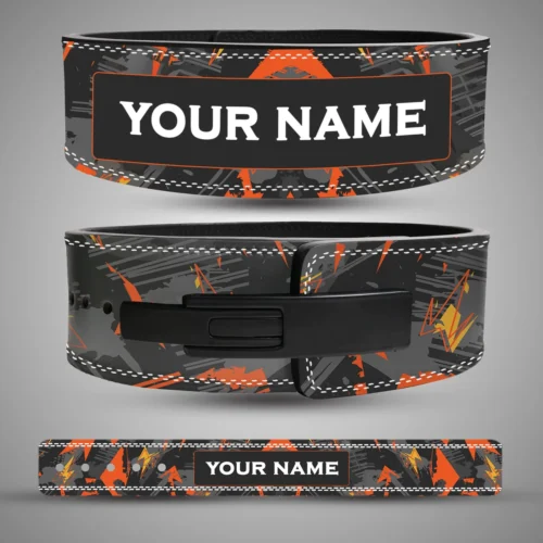 Camo Series personalised lever lifting belt with orange and grey abstract graphics, showing the name panel, black lever buckle and flat belt layout.