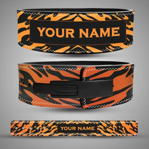 Camo Series personalised lever lifting belt with orange and black tiger stripes, showing the name panel, black lever buckle and flat belt layout.