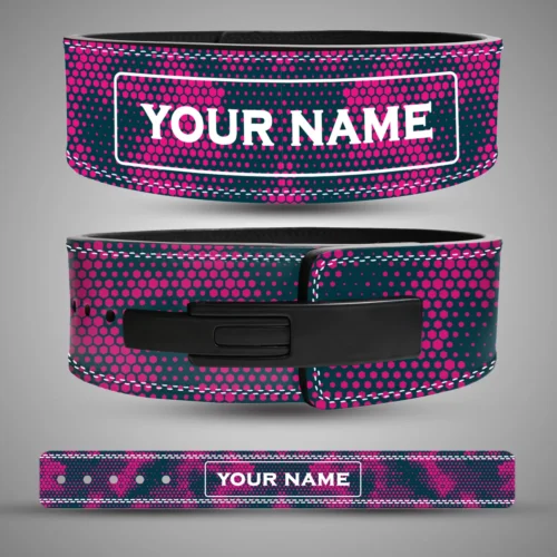 Camo Series personalised lever lifting belt with pink hexagon graphics on a dark background, showing the name panel, black lever buckle and flat belt layout.