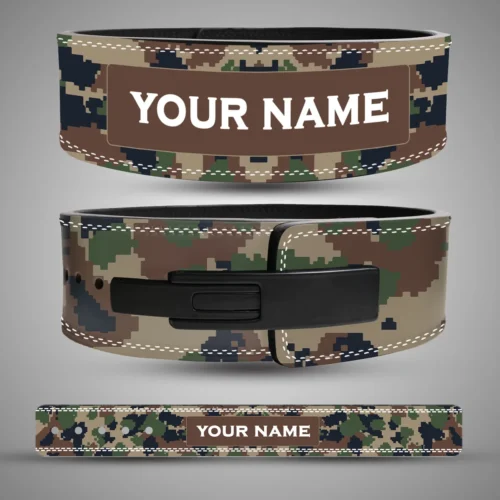 Camo Series personalised lever lifting belt with green, brown and tan digital camouflage, showing the name panel, black lever buckle and flat belt layout.