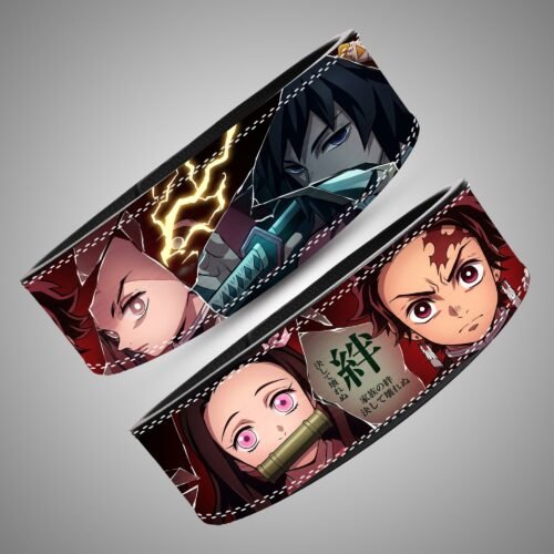 Demon Slayer Character Portraits weightlifting lever belt, angled view showing red, black, green and yellow artwork