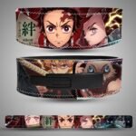 Demon Slayer Character Portraits weightlifting lever belt, front back showing red, black, green and yellow artwork and a black lever closure
