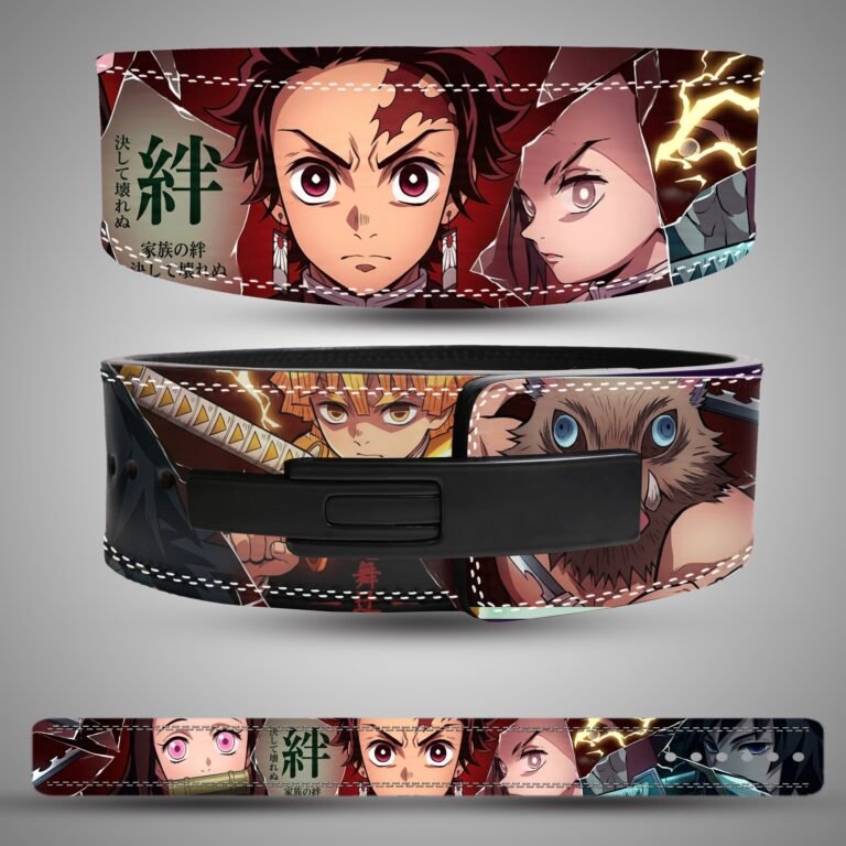 Demon Slayer Character Portraits weightlifting lever belt, front back showing red, black, green and yellow artwork and a black lever closure
