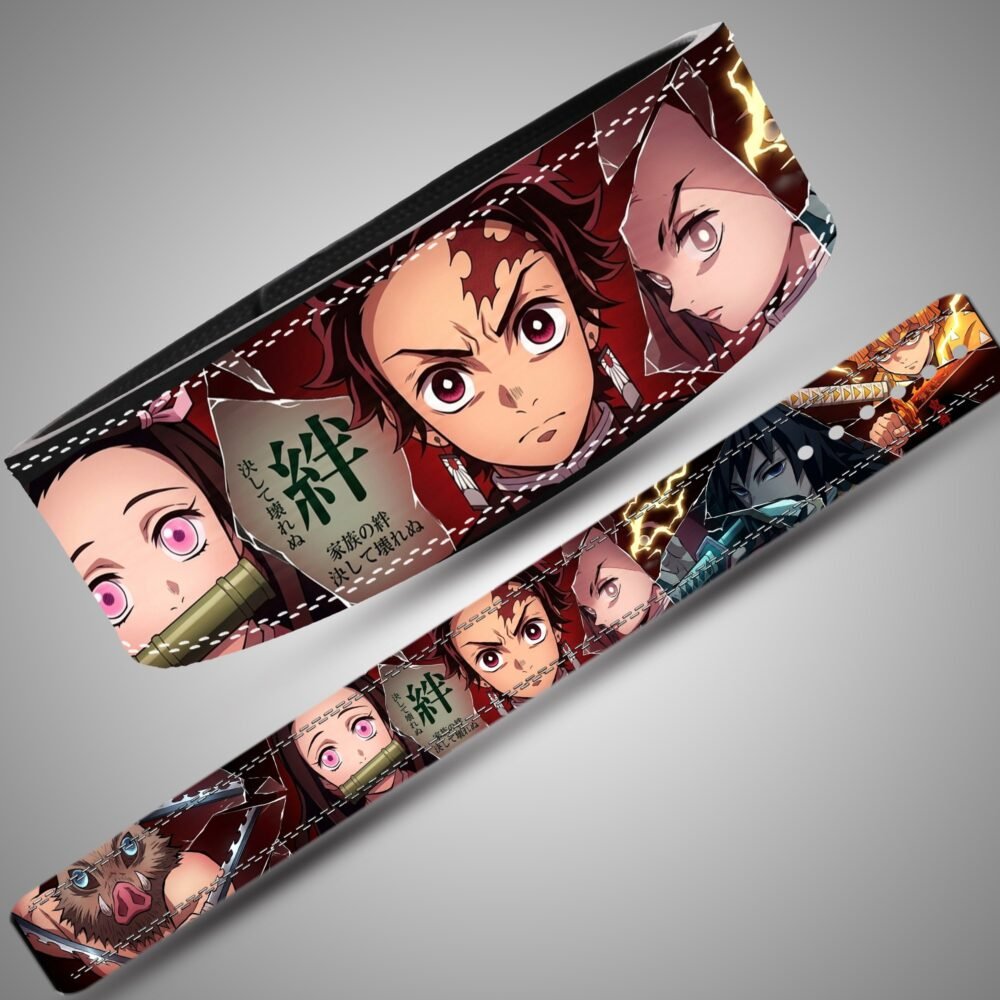 Demon Slayer Character Portraits weightlifting lever belt, full design showing red, black, green and yellow artwork
