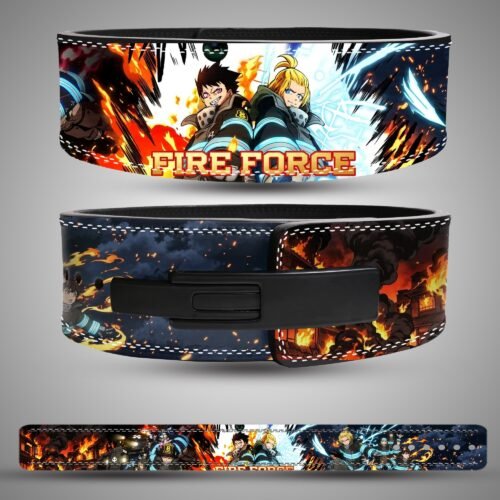 Fire Force Company 8 weightlifting belt showing the rear artwork, lever closure and full strap layout