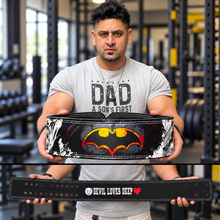 AI-edited customer collage showing a Batman Comic Panel belt and its personalized inside lining.