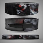 God of War weightlifting belt showing the back Kratos portrait, the front view with a black lever buckle, and the full flat design layout.