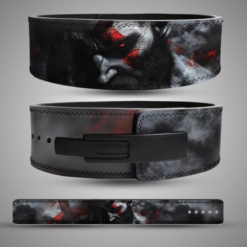 God of War weightlifting belt showing the back Kratos portrait, the front view with a black lever buckle, and the full flat design layout.
