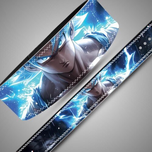 Close-up and flat strap views of Goku artwork with blue-white energy effects, dark navy sides, and white stitching
