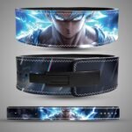 belt-views.jpg Front, back, and flat strap views of a Goku weightlifting belt with blue-white artwork and a black lever closure