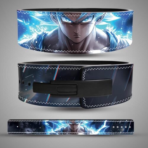 belt-views.jpg Front, back, and flat strap views of a Goku weightlifting belt with blue-white artwork and a black lever closure