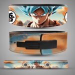 Goku Super Saiyan Blue weightlifting belt with mountain artwork, orange-blue panels, and black lever closure