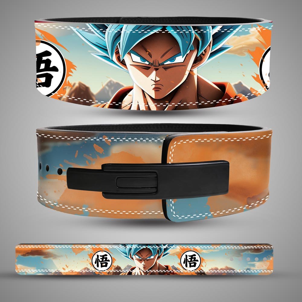 goku-blue-horizon-weightlifting-belt Goku Super Saiyan Blue weightlifting belt with mountain artwork, orange-blue panels, and black lever closure