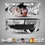 Goku Manga Transformations weightlifting lever belt, front back showing black, white, orange and yellow artwork and a black lever closure
