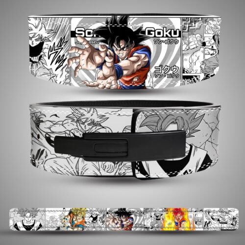 Goku Manga Transformations weightlifting lever belt, front back showing black, white, orange and yellow artwork and a black lever closure