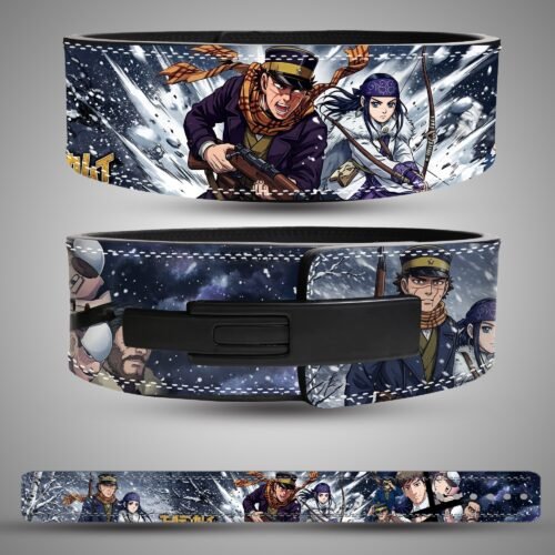 Golden Kamuy Sugimoto and Asirpa weightlifting belt showing the rear artwork, lever closure and full strap layout