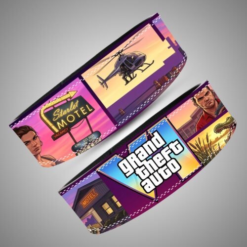 Grand Theft Auto Sunset Collage weightlifting lever belt, angled view showing purple, yellow, orange and black artwork