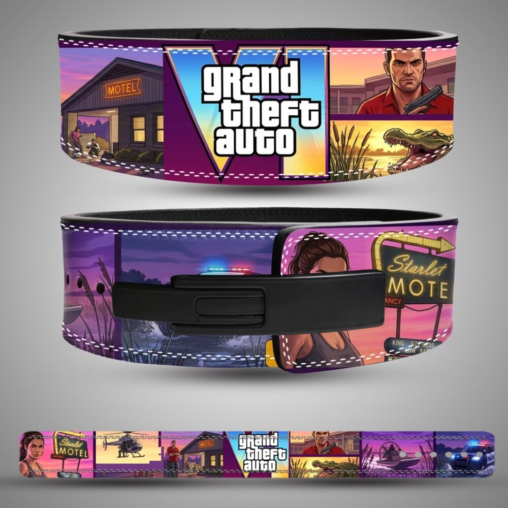 Grand Theft Auto Sunset Collage weightlifting lever belt, front back showing purple, yellow, orange and black artwork and a black lever closure
