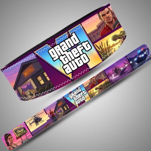 Grand Theft Auto Sunset Collage weightlifting lever belt, full design showing purple, yellow, orange and black artwork