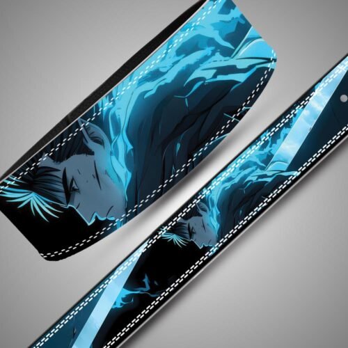 Angled views of the Guts Blue Flame weightlifting belt showing his side profile, blue flame effects and white double stitching.