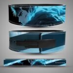 Guts weightlifting belt with blue flame artwork and diagonal bands, showing the back, black lever buckle and full strap.