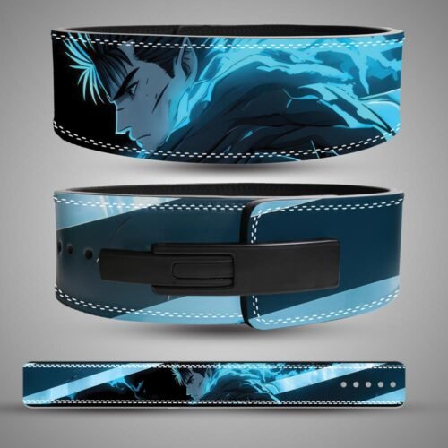 Guts weightlifting belt with blue flame artwork and diagonal bands, showing the back, black lever buckle and full strap.