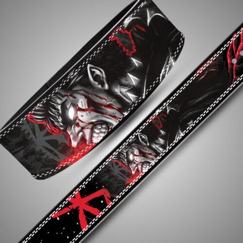 Angled views of the Guts weightlifting belt showing a bright white eye, red facial streaks, dark armour and the red Brand of Sacrifice symbol.