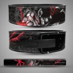 Guts weightlifting belt with black-and-grey Berserk artwork and red accents, showing the back, black lever buckle