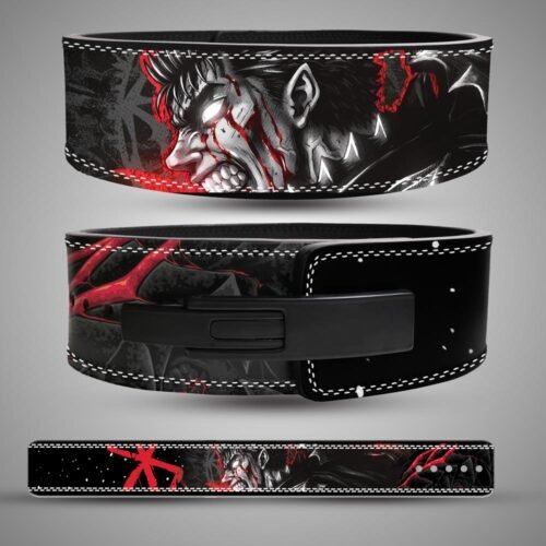 Guts weightlifting belt with black-and-grey Berserk artwork and red accents, showing the back, black lever buckle