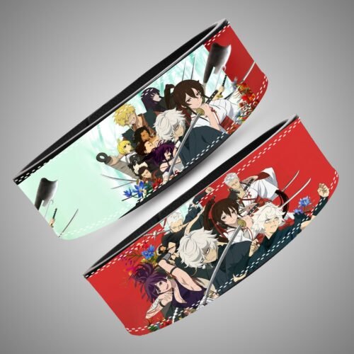 Hell's Paradise Character Collage weightlifting lever belt, angled view showing red, mint, black and white artwork