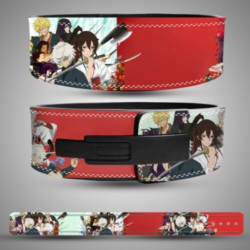 Hell's Paradise Character Collage weightlifting lever belt, front back showing red, mint, black and white artwork and a black lever closure