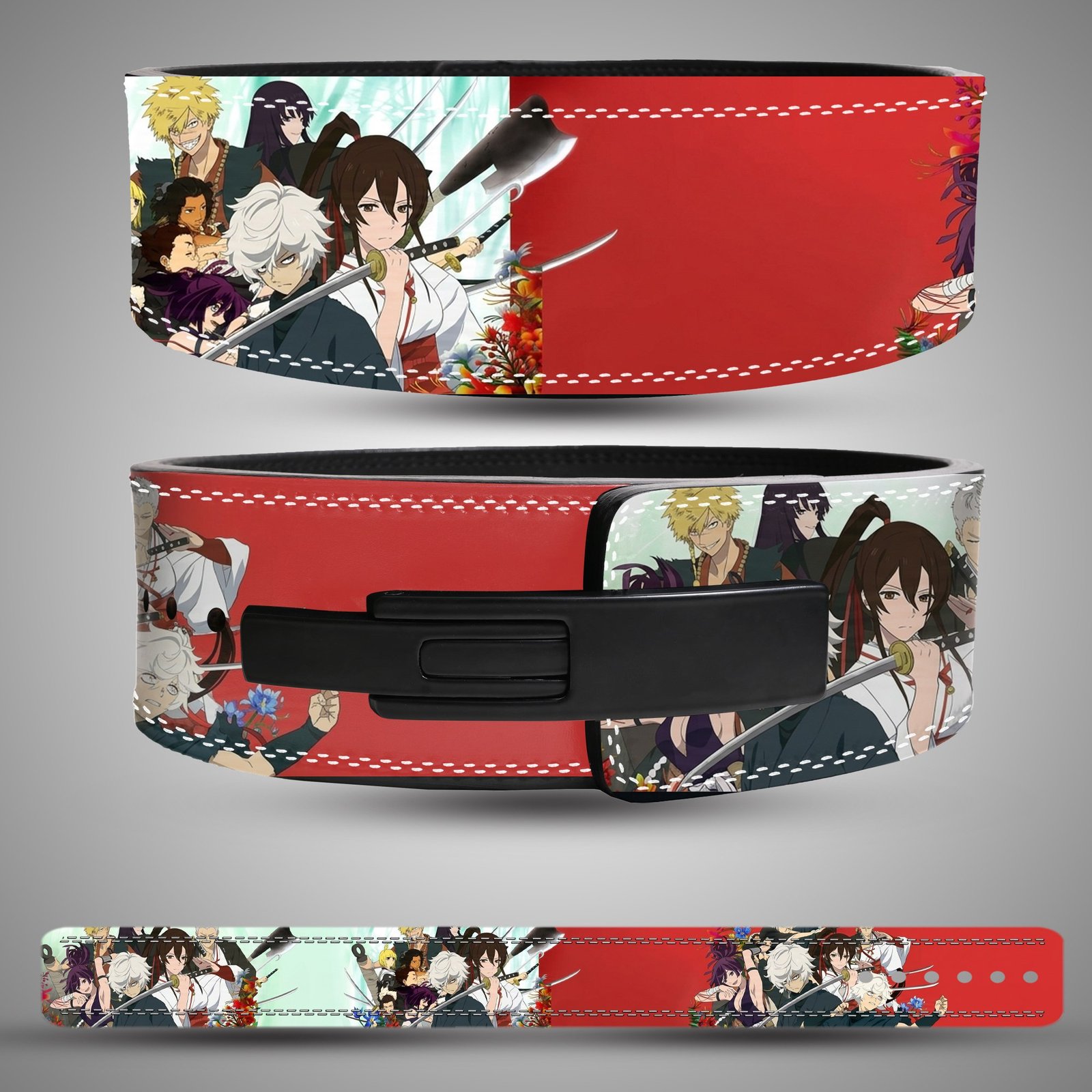 Hell's Paradise Character Collage Weightlifting Lever Belt – Front and Back Hell's Paradise Character Collage weightlifting lever belt, front back showing red, mint, black and white artwork and a black lever closure