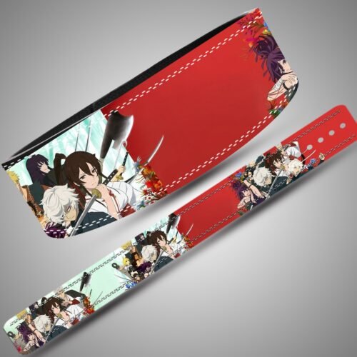 Hell's Paradise Character Collage weightlifting lever belt, full design showing red, mint, black and white artwork