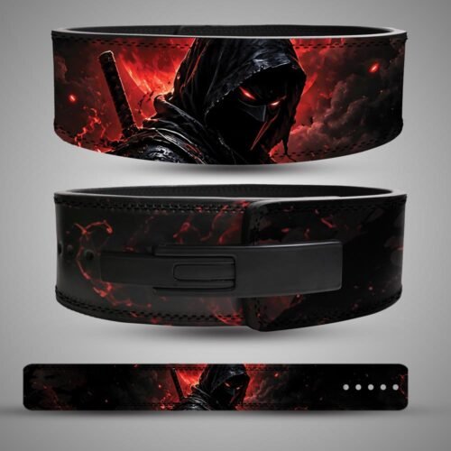 Three views of a hooded ninja weightlifting belt showing red-eye artwork, a black lever buckle and the full strap