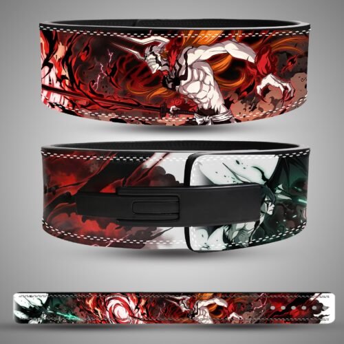 Ichigo Hollow Transformation weightlifting belt showing the rear artwork, lever closure and full strap layout