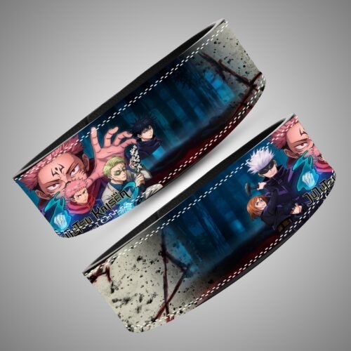 Jujutsu Kaisen Cursed Clash weightlifting lever belt, angled view showing blue, cream, black and red artwork