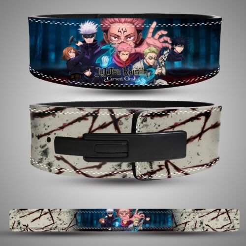 Jujutsu Kaisen Cursed Clash weightlifting lever belt, front back showing blue, cream, black and red artwork and a black lever closure