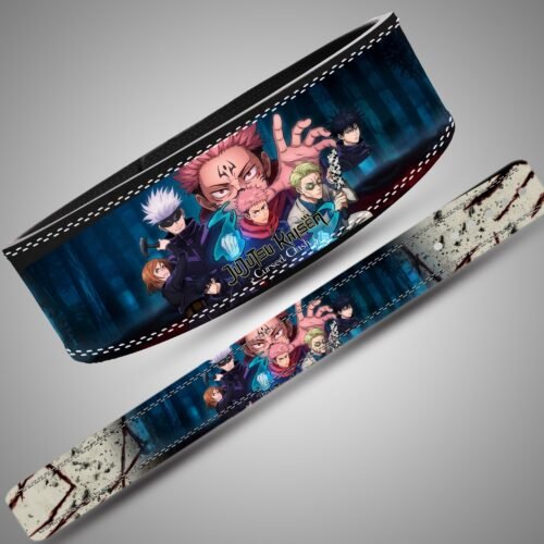 Jujutsu Kaisen Cursed Clash weightlifting lever belt, full design showing blue, cream, black and red artwork
