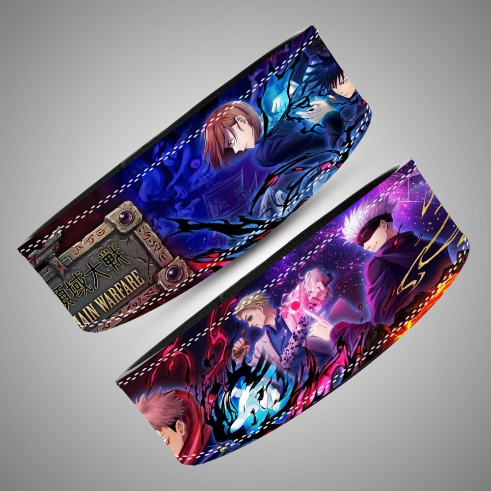 Jujutsu Kaisen Domain Warfare weightlifting lever belt, angled view showing blue, purple, red and black artwork