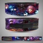 Jujutsu Kaisen Domain Warfare weightlifting lever belt, front back showing blue, purple, red and black artwork and a black lever closure