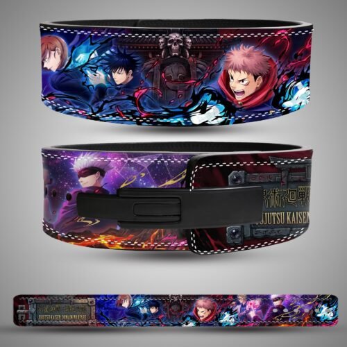 Jujutsu Kaisen Domain Warfare weightlifting lever belt, front back showing blue, purple, red and black artwork and a black lever closure
