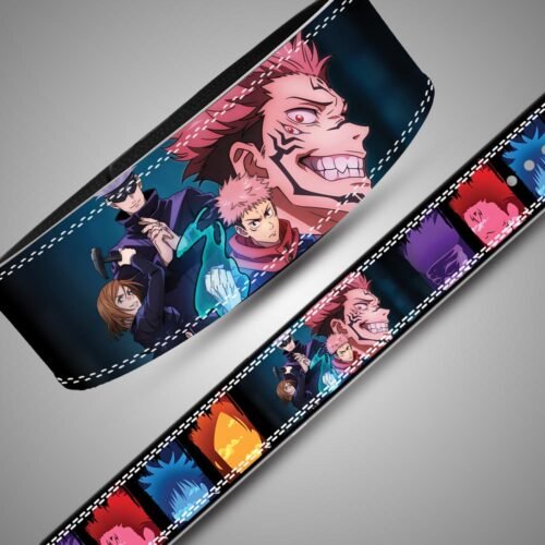Angled view of Jujutsu Kaisen belt artwork featuring Sukuna, Yuji, Gojo and Nobara with white stitching