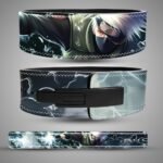 Kakashi weightlifting belt with blue-white lightning artwork, showing the back, black lever buckle, and full strap design.