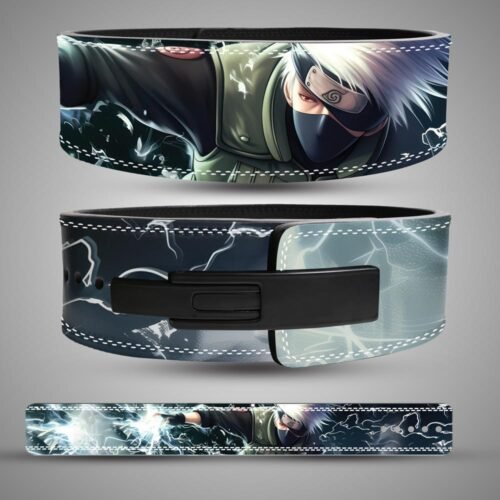 Kakashi weightlifting belt with blue-white lightning artwork, showing the back, black lever buckle, and full strap design.