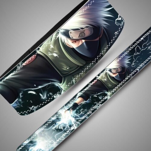 Kakashi weightlifting belt with blue-white lightning artwork,