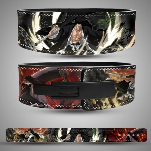 Kenpachi Zaraki Sword Clash weightlifting belt showing the rear artwork, lever closure and full strap layout