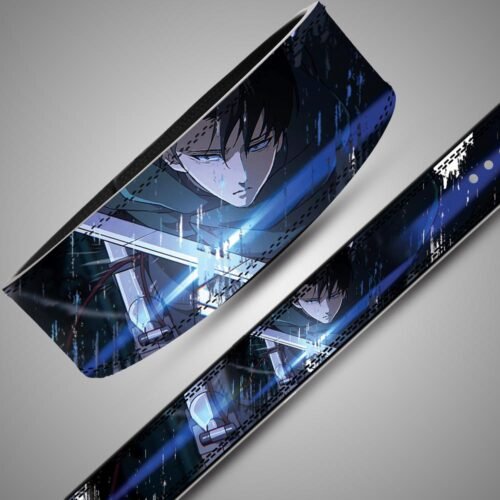 Levi Ackerman weightlifting belt showing blue blade artwork, a black lever buckle and the full Belt strap with white brush details