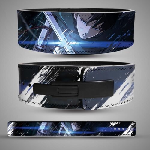 Levi Ackerman weightlifting belt showing blue blade artwork, a black lever buckle and the full strap with white brush details