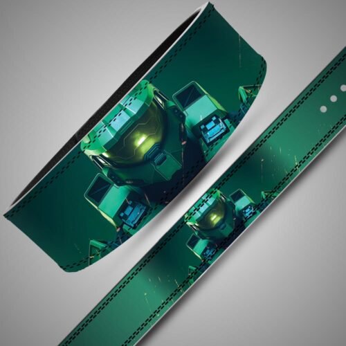 Angled close-up and flat strap view of a Master Chief lifting belt with helmet artwork on a dark green background