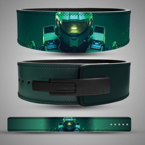 Three views of a Master Chief weightlifting belt showing green armor artwork, a black lever buckle and the full strap